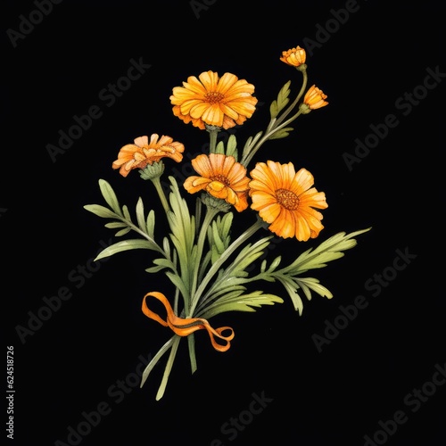 Marigold Bouquet Flowers on a Black Background. Generative ai
