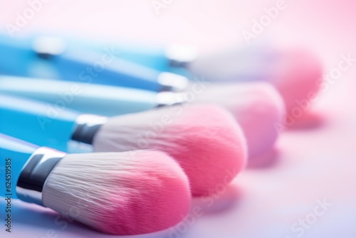 Pastel pink and blue makeup brushes laid flat on a white surface. AI generated