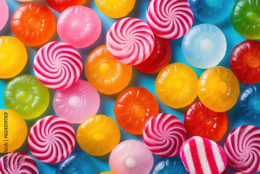 Photo of bright colored candy, shot top down. AI generated