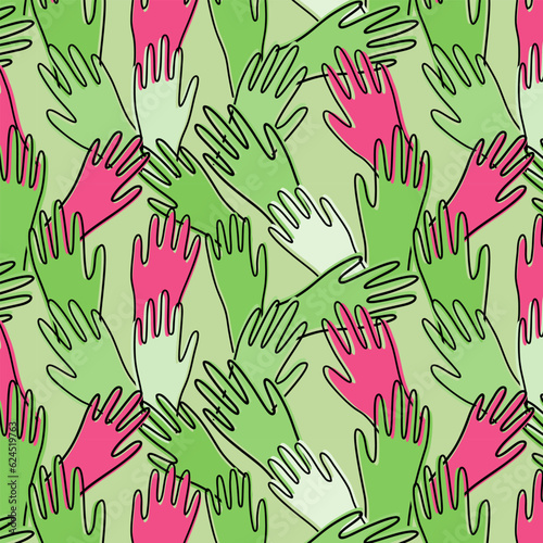 Seamless pattern of pink and green human hands on light green background; conceptual illustration background. High five.