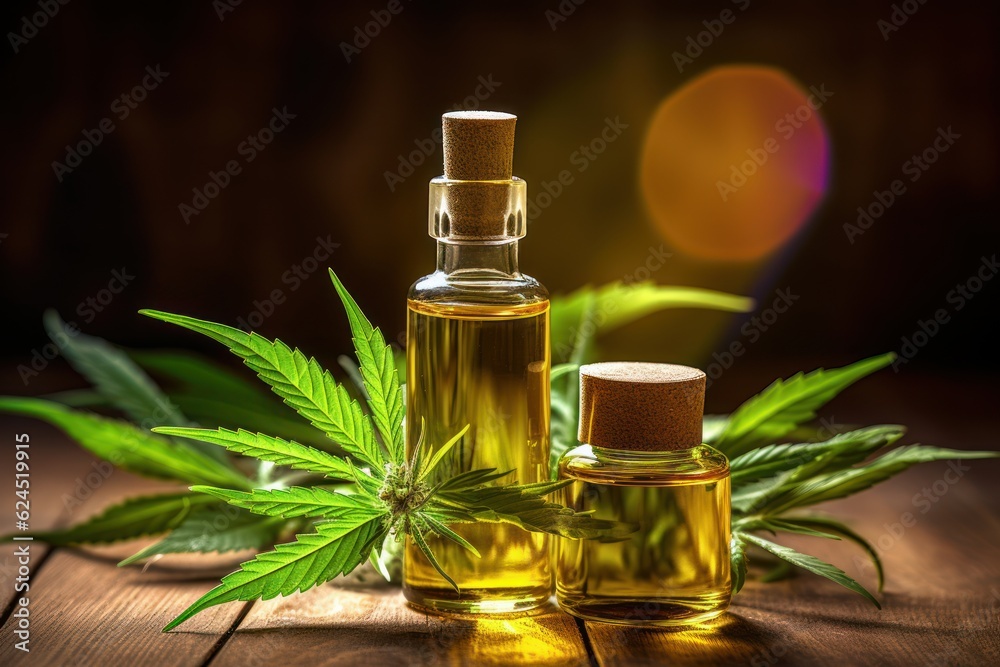 Pipette with cannabis cosmetic oil on a table with hemp leaves. AI generated Pipette with cannabis cosmetic oil on a table with hemp leaves. AI generated