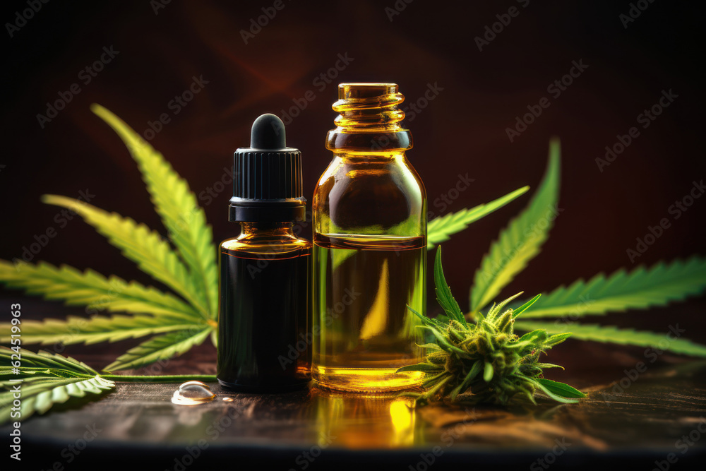 Pipette with cannabis cosmetic oil on a table with hemp leaves. AI generated Pipette with cannabis cosmetic oil on a table with hemp leaves. AI generated