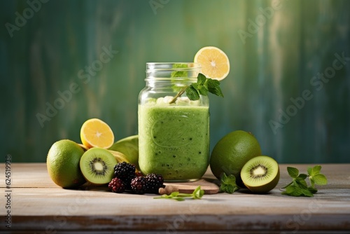 Green smoothy in mason jar and fresh fruits. AI generated