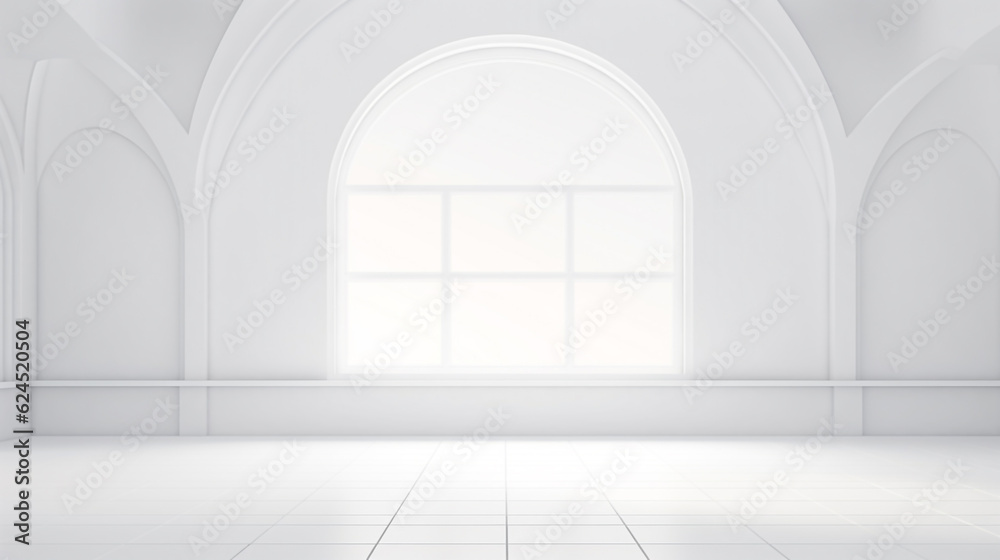 empty white room with a window from which diffused sunlight falls. Generative Ai. 