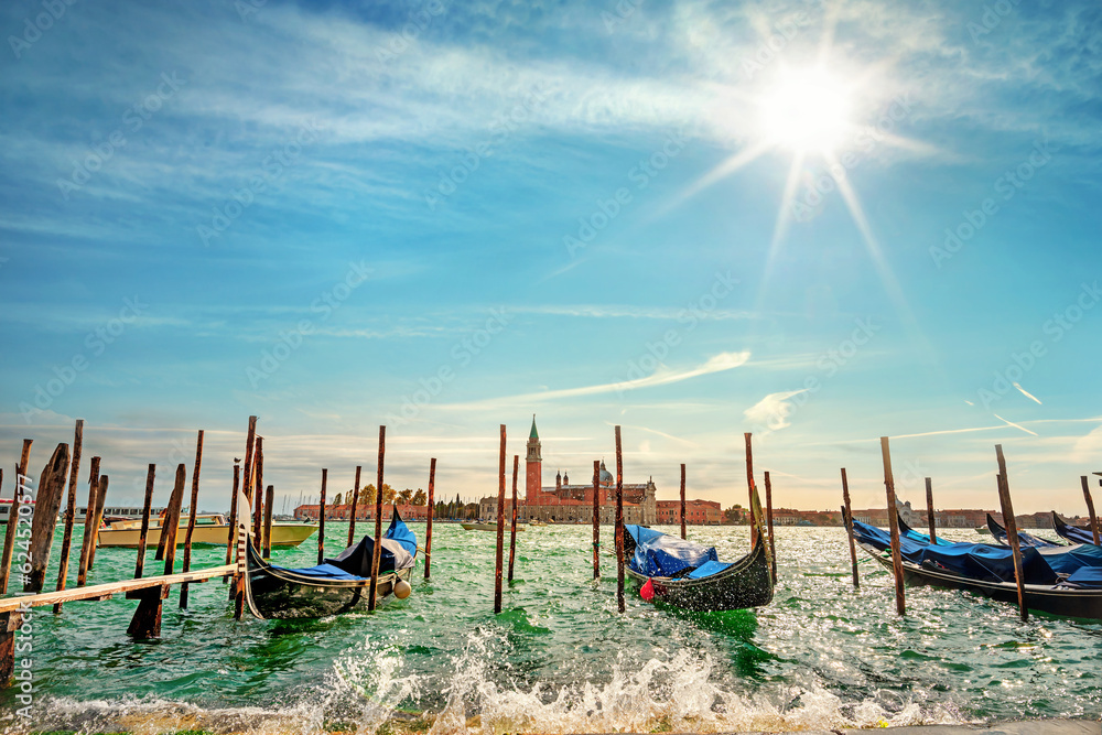 Gondolas and San Giorgio Maggiore Church. Venice, Italy