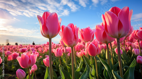 field of tulips in Holland against the blue sky. Generative Ai. 