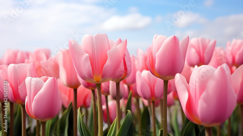 light pink tulips against the blue sky. Generative Ai. 