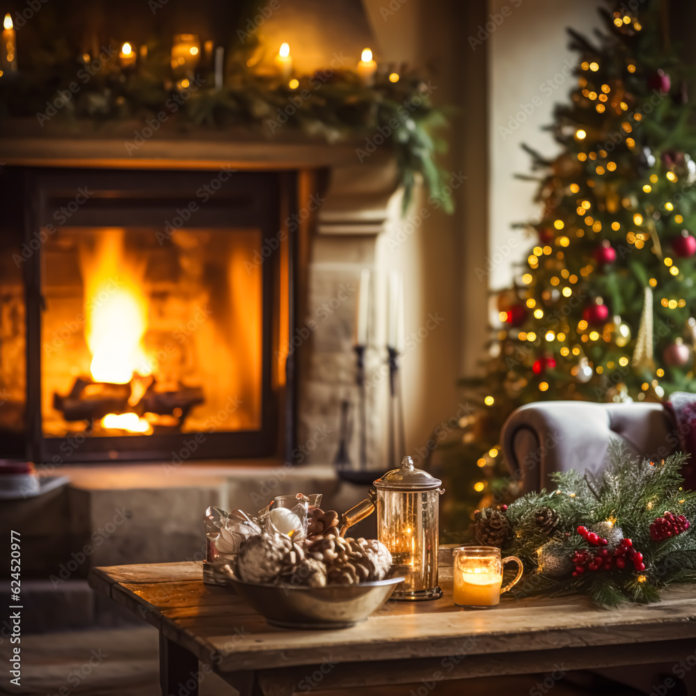 Christmas, holiday decor and country cottage style, cosy atmosphere, decorated Christmas tree in the English countryside house living room with fireplace, interior decoration