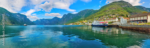 Panorama of Aurlandsfjord with view of town wharf. Sognefjord,  Norway photo
