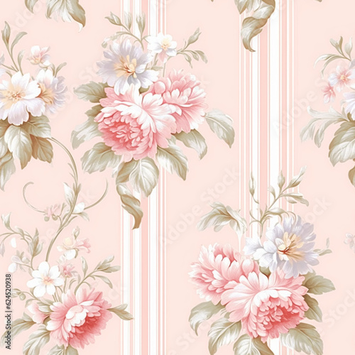 Fototapeta Naklejka Na Ścianę i Meble -  Seamless pattern, tileable striped pink floral country style print for wallpaper, wrapping paper with English countryside rose flowers for scrapbook, fabric and product design