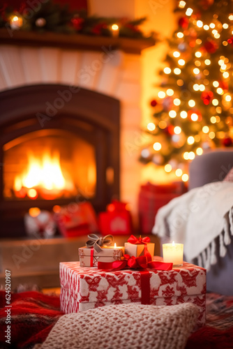 Christmas gifts, holiday time, country cottage style decor and cosy atmosphere, decorations in the English countryside house with Christmas tree and fireplace on background, winter holidays