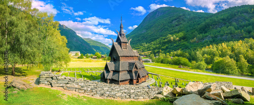 Panorama with old Borgund Stave Church. Norway photo