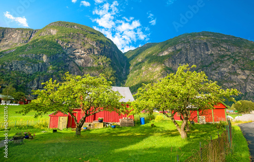 Obraz na płótnie Scenic landscape with typical red farm houses in mountain valley. Norway w salonie