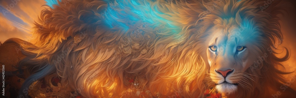 Banner of Two lions from a pride. They emanating a sense of strength and dominance. Dramatic sky with vibrant colors and contrasting tones with intense oranges, purples, and golden hues. Generative AI Banner of Two lions from a pride. They emanating a sense of strength and dominance. Dramatic sky with vibrant colors and contrasting tones with intense oranges, purples, and golden hues. Generative AI