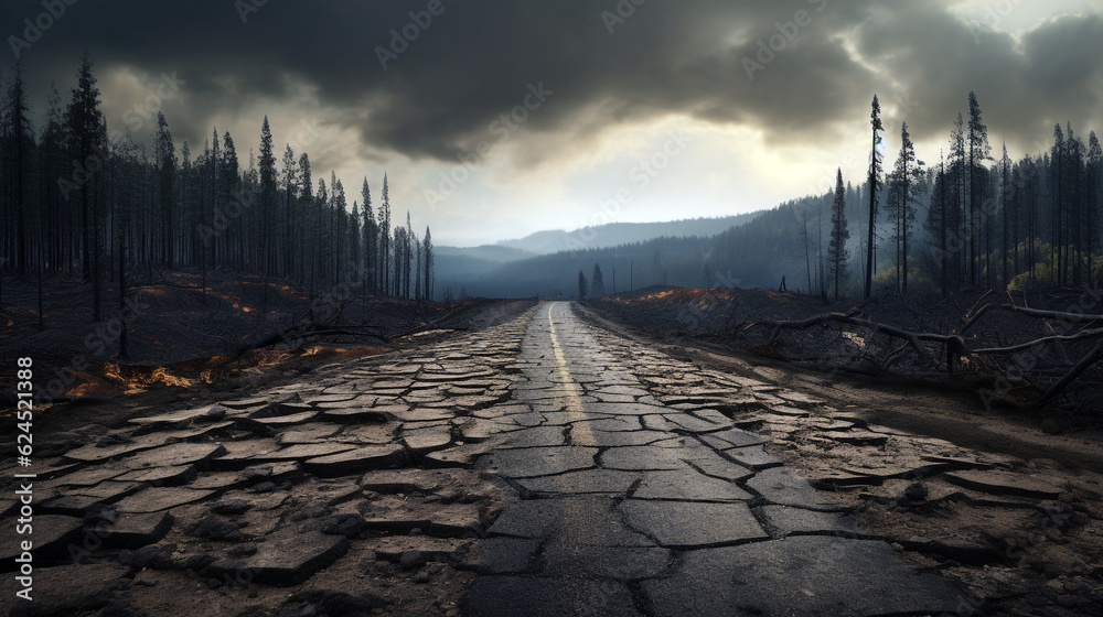 road cracked after a fire in the forest. Generative Ai. 