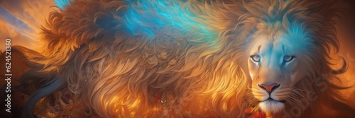 Banner of Two lions from a pride. They emanating a sense of strength and dominance. Dramatic sky with vibrant colors and contrasting tones with intense oranges, purples, and golden hues. Generative AI