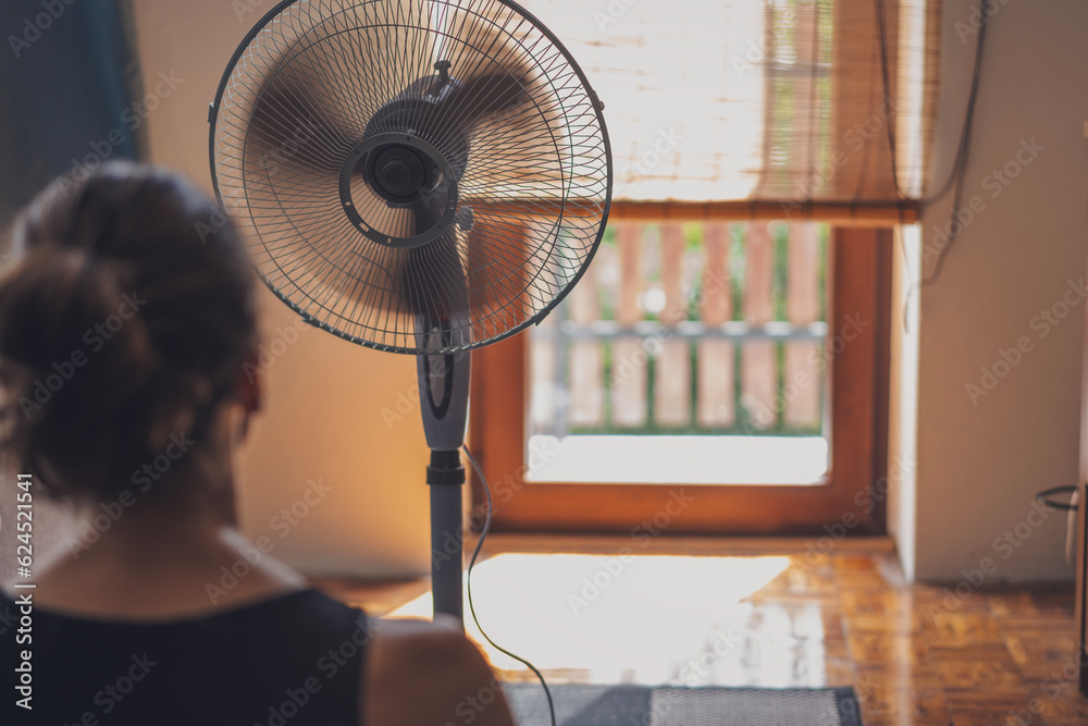 Young woman sitting at home in front of a fan escaping from the summer heat. Back view shot, no face