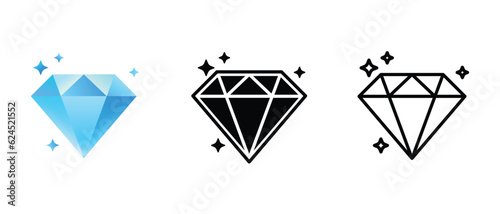 Realistic, flat and linear diamond with reflections vector icons. Precious stones and adamant concept icon design. photo