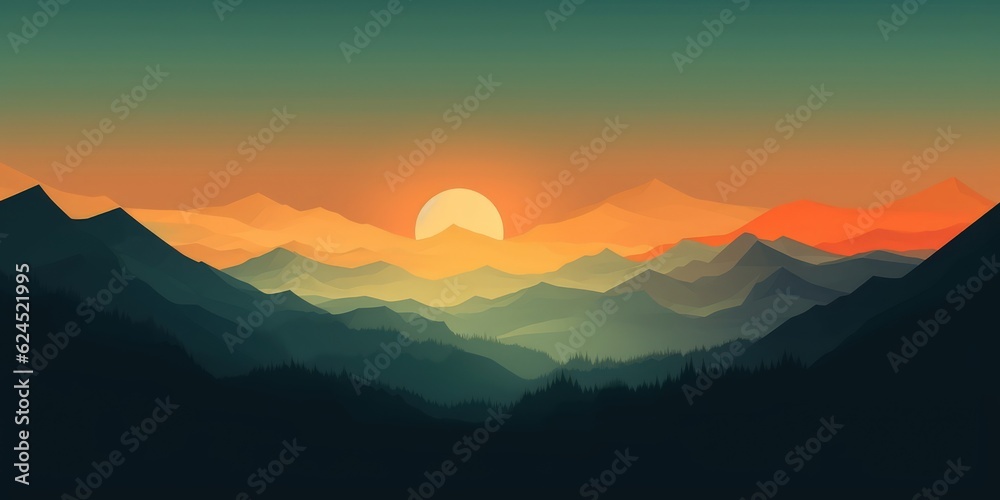 Mountain Landscape with Amber Sky at Dusk AI Generated