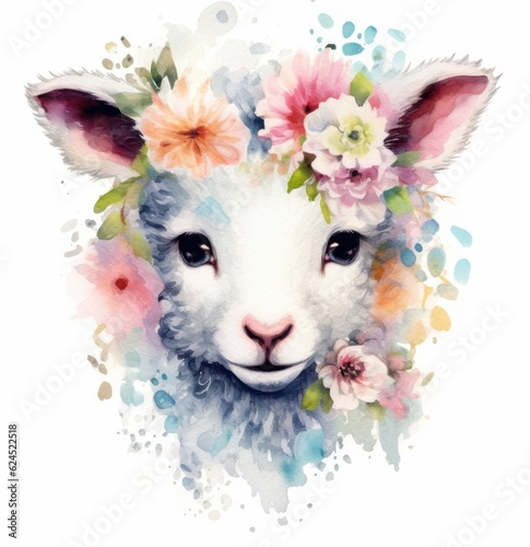 Adorable Lamb in Flower Wreath - Watercolor Illustration AI Generated