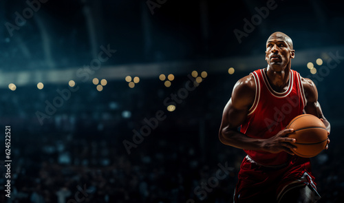 A basketball player in a red uniform holds a ball in his hands. Background with space for text. Generative Ai