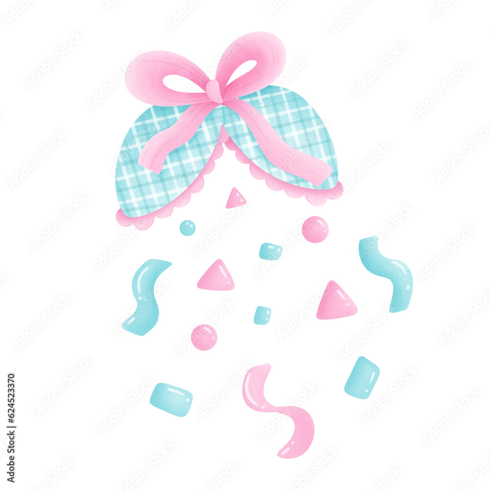 Party popper, confetti and pink ribbon Party popper, confetti and pink ribbon