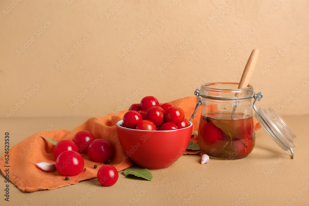 Bowl and jar with canned tomatoes on brown background Bowl and jar with canned tomatoes on brown background