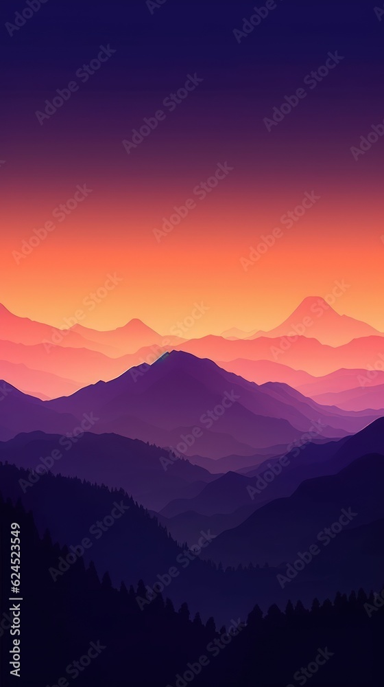 Vibrant Orange and Deep Violet Minimalist Mountain Landscape Wallpaper AI Generated