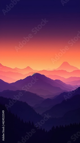 Vibrant Orange and Deep Violet Minimalist Mountain Landscape Wallpaper AI Generated © Alex