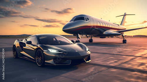 Super car and private jet on landing strip. Business class service at the airport. Business class transfer. Airport shuttle
