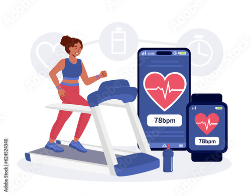 Sportswoman with pulse check concept. Woman at treadmill with smartphone. Athlete checking pulse. Active lifestyle and exercise, workout. Cartoon flat vector illustration isolated on white background