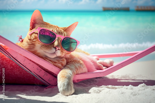 Cat in sunglasses lying sunbathing on the beach