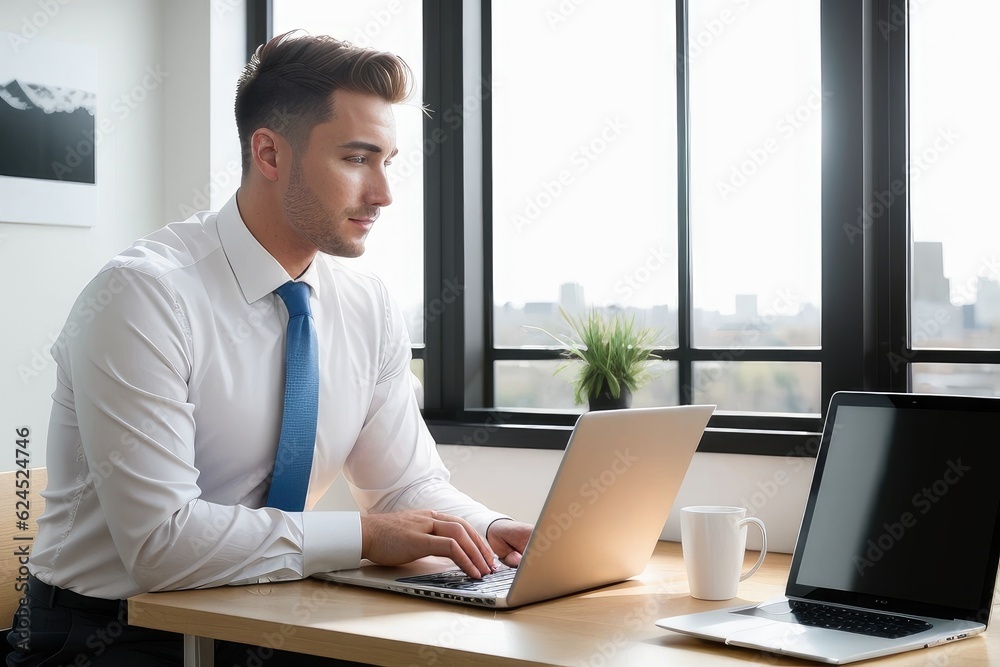 Portrait of businessman sitting in office, successful man worker employee by work desk looking at camera. Portrait of motivated young man working online using laptop. Generative AI Portrait of businessman sitting in office, successful man worker employee by work desk looking at camera. Portrait of motivated young man working online using laptop. Generative AI