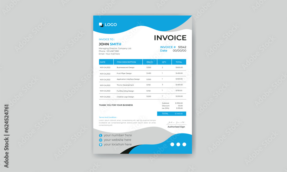 Creative invoice template vector. business bill payment agreement design template.
