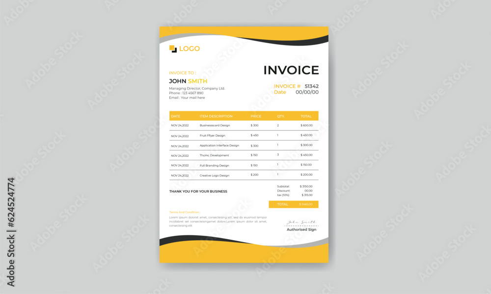 wavy yellow Invoice design, Bill form business invoice template, Stock ...