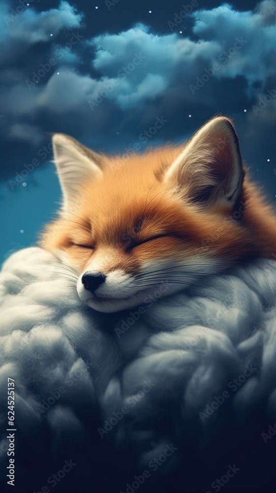 Cute Fox Sleeping on a Cloud in Realistic Animal Portrait Style AI Generated