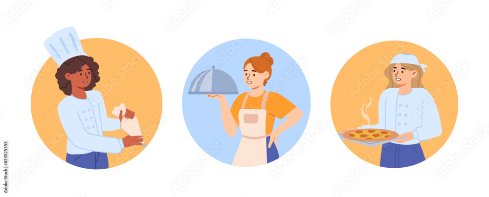 Different chiefs with trays set. Young girls with pizza and tray. Cooks with fast food, junk eating. Cafe or restaurant staff. Cartoon flat vector collection isolated on white background