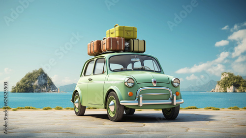 Green car with luggage ready for summer vacation 3D Rendering