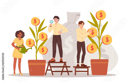 People with money plants concept. Men and women with money tree. Investment and trading. Financial literacy and passive income. Wealth and economy. Cartoon flat vector illustration
