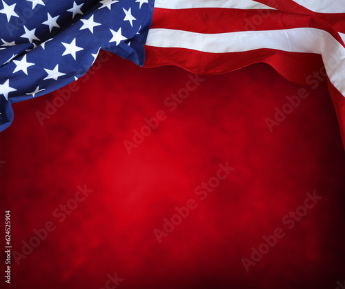 American flag in front of red background