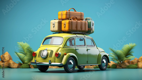 Green car with luggage ready for summer vacation 3D Rendering