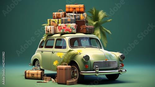 Green car with luggage ready for summer vacation 3D Rendering