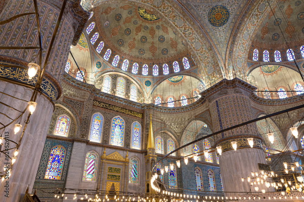 Blue Mosque interior view. Ramadan or islamic background photo.