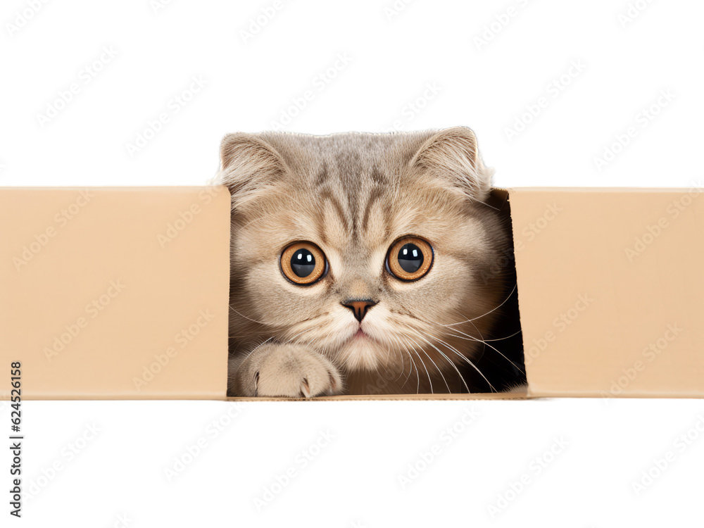 Curious Scottish Fold Cat Peering from a Box - Transparent Background