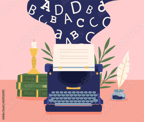 Vintage typing machine concept. Creativity and art. Typing equipment and feather with ink. Literature and writing equipment. Storytelling and content. Cartoon flat vector illustration