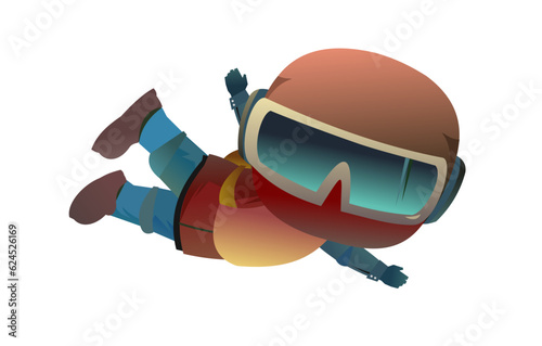 Skydiver flying down sky. Free float. Cartoon style character. Isolated on white background. Vector picture