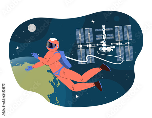 Astronaut in space concept. Man in suit near shuttle. Space scientific expeditions. Travel and adventure. Character near planets at stars. Galaxy and universe. Cartoon flat vector illustration