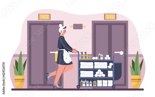 Hotel service staff concept. Woman in uniform with trolley of cleaning products. Room and lobby cleaning, customer service, tourists and travelers. Cartoon flat vector illustration