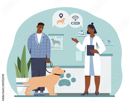 Microchipping for pets concept. Man with dog in veterinary clinic. Veterinarian and doctor in medical uniform sets locator to domestic animal. Healthcare and support. Cartoon flat vector illustration