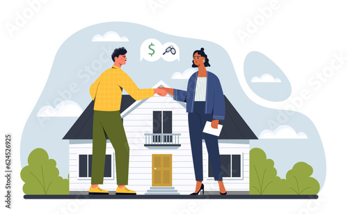 Realtor with client make deal concept. Man buying real estate keys from woman. Young girl selling home or house, private property. Investing savings and trading. Cartoon flat vector illustration